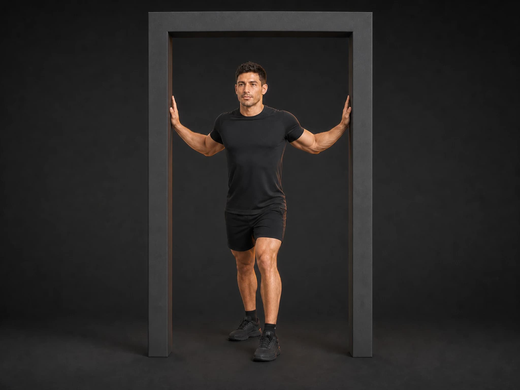 BraveREP athlete holding a gentle chest stretch with both forearms supported by a doorway.