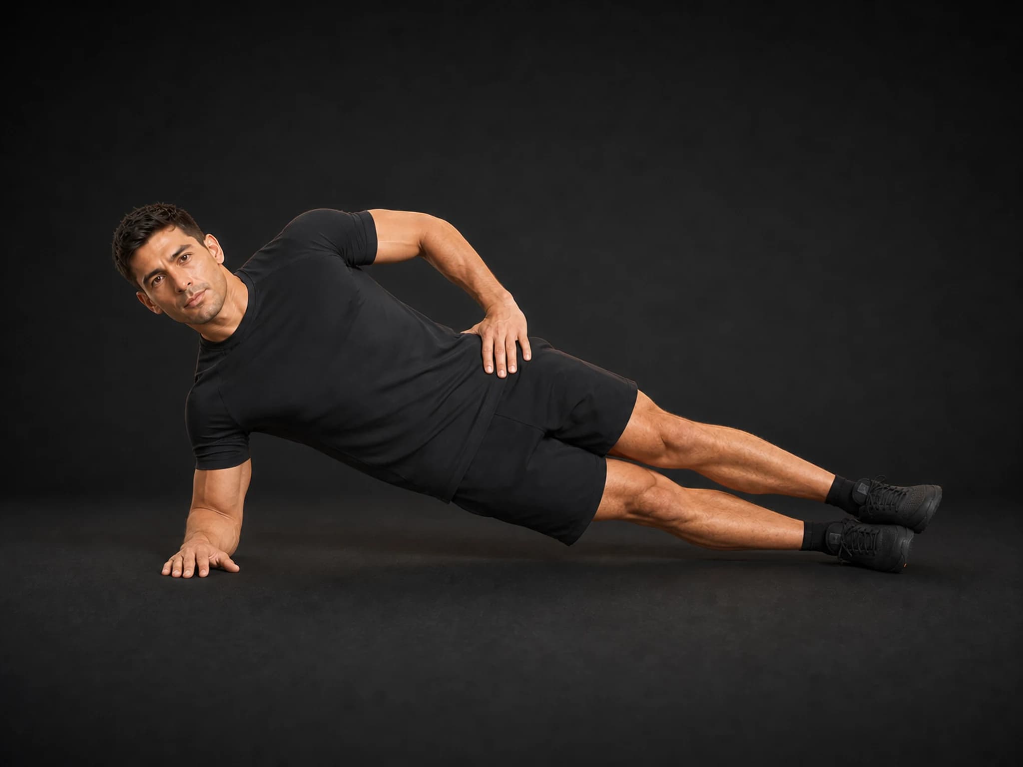 BraveREP athlete holding a forearm side plank with shoulders, hips, and feet aligned.