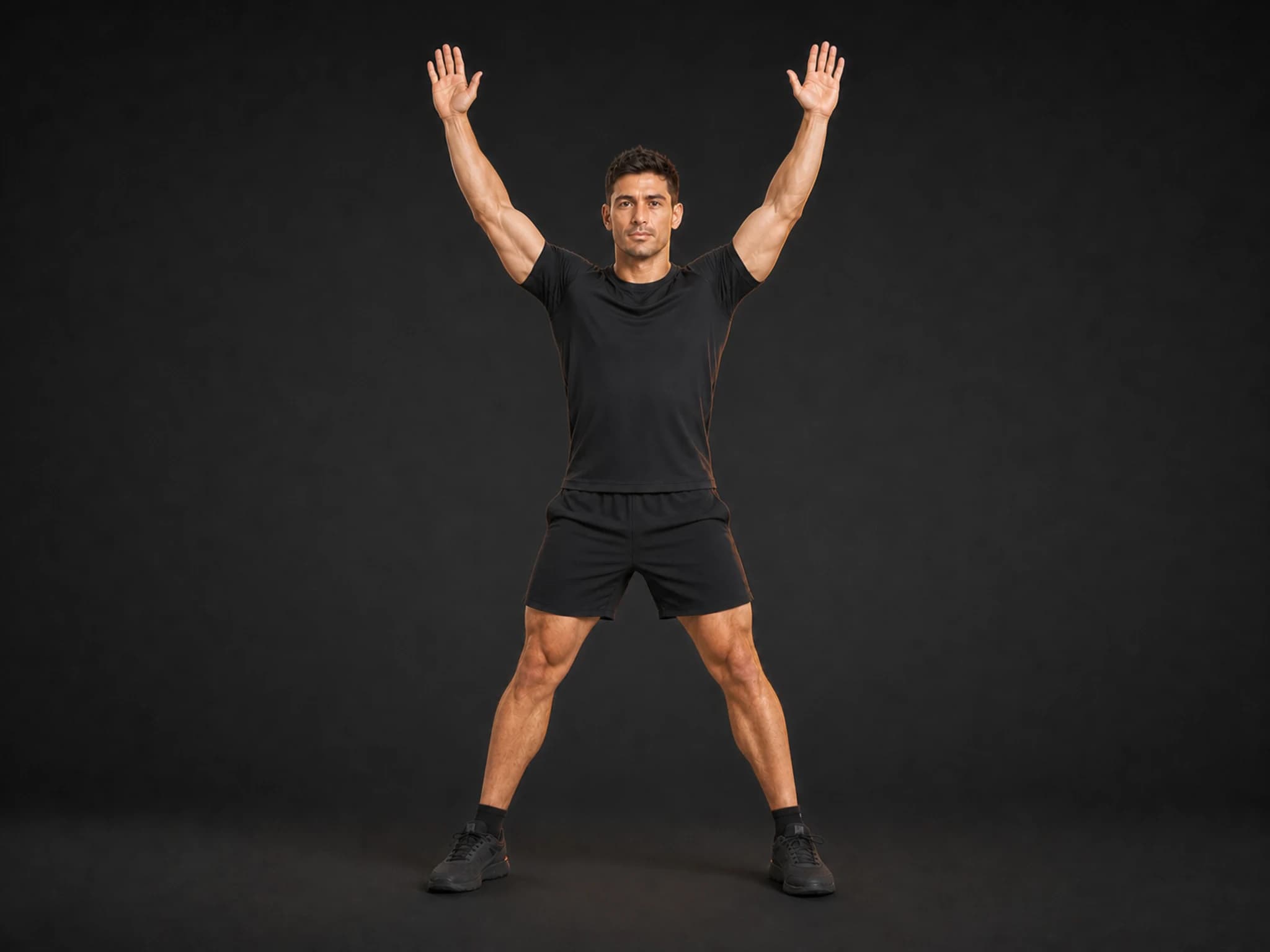 BraveREP athlete in the open jumping jack position with arms overhead and feet wide.