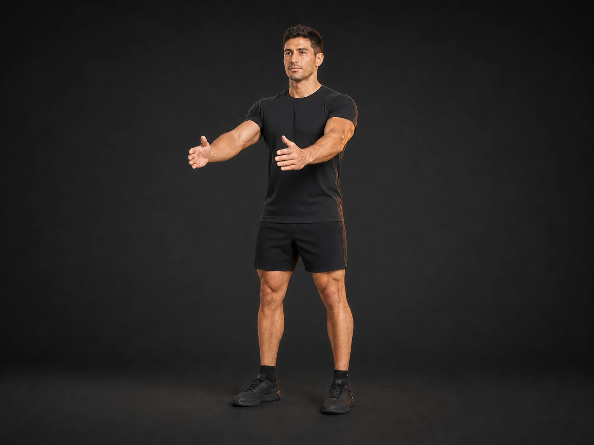 BraveREP athlete standing in the squat start position with feet planted and arms extended forward.